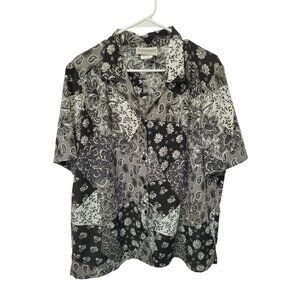 Donkenny Womens  Shirt 1X Black White Paisley Patchwork Button-Up 100% Polyester